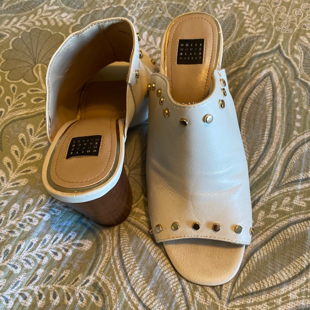 White House Black Market Off-White Mules with Gold Accents